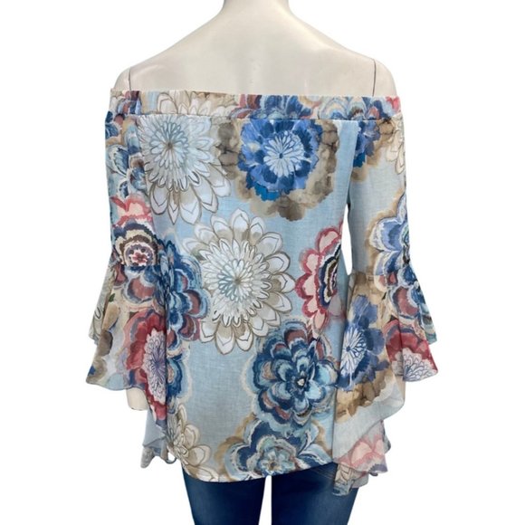 La Pateau Off The Shoulder Long Sleeve Floral Top Blue Size Small NWT - Picture 2 of 2